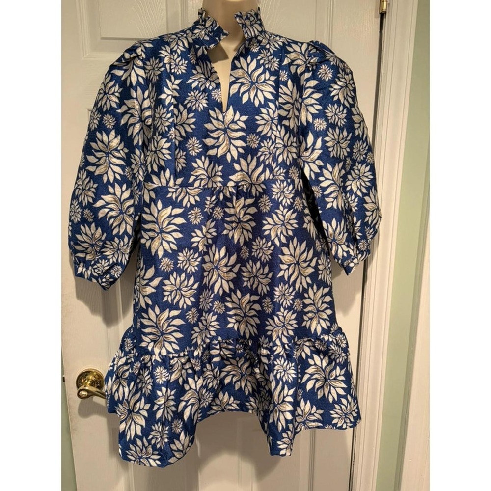 &merci Kay Dress Blue Gold Floral Ruffle Tiered Puff Sleeve Jacquard Medium NWT